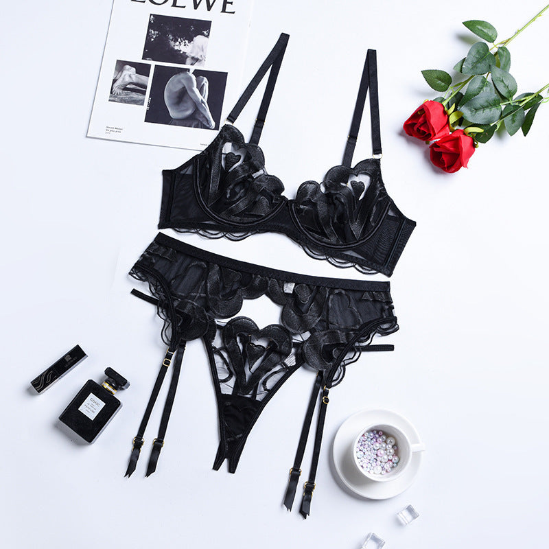 Three Piece Set Of Mesh Embroidered  Lingerie Gather Suspenders