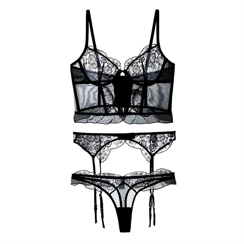 New 3-piece French Style Lace Lingerie Women's Breathable Hollow-out Fishbone Corset Ultra-thin Bra Set